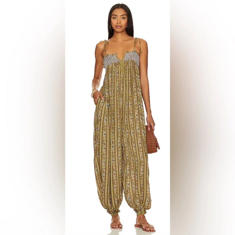 NWT Free People Rule the World Maxi Jumpsuit in Fern Combo